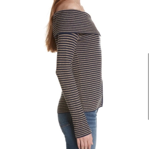 FRAME Off Shoulder Textured Wool Blend Sweater in Blue/Mustard Yellow - Picture 4 of 12